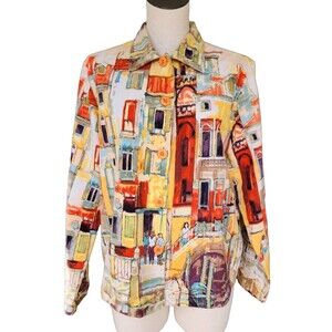 NEW DIRECTION Size Large 90's Novelty Shacket Cityscape Art to Wear Orange